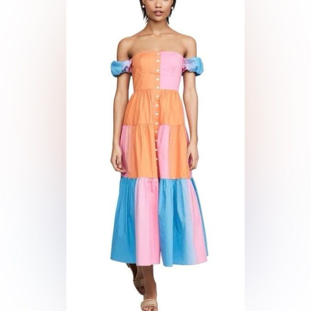 NWT $348 STAUD Elio Multicolor Tiered Off-Shoulder Cotton Maxi Dress 10 - Picture 3 of 7